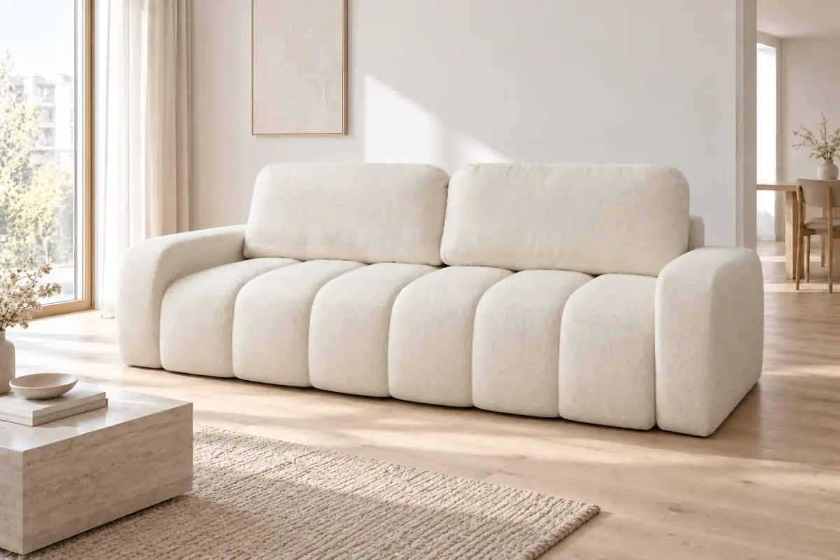 Sofa IBIZA. IBIZA przy prostokątnym oknie, obok stolika i jasnego dywanu. Wizualizacja; kod tkaniny niepotwierdzony.