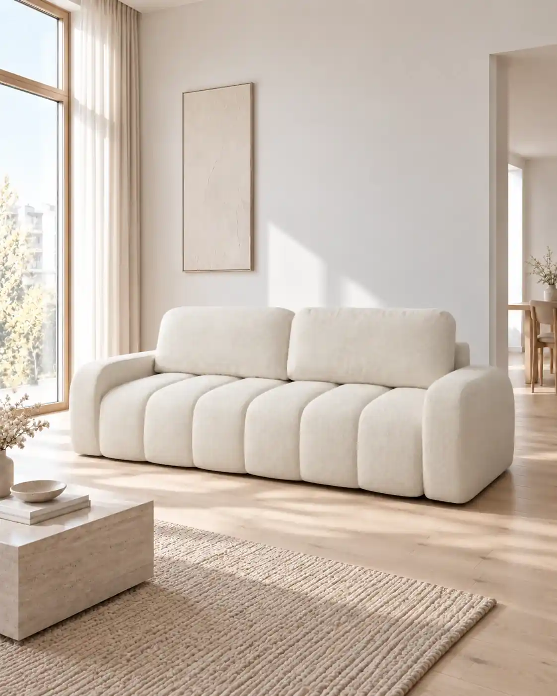 Sofa IBIZA. IBIZA w pionowym kadrze mieszkania z prostokątnym oknem. Wizualizacja; kod tkaniny niepotwierdzony.