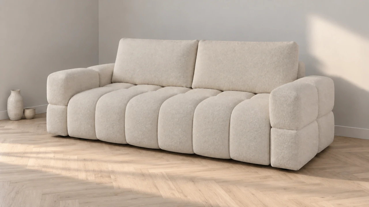 Sofa ISSORO. ISSORO w narożniku salonu. Boczne światło podkreśla segmenty siedziska i boki z wałków. Wizualizacja; kod tkaniny niepotwierdzony.