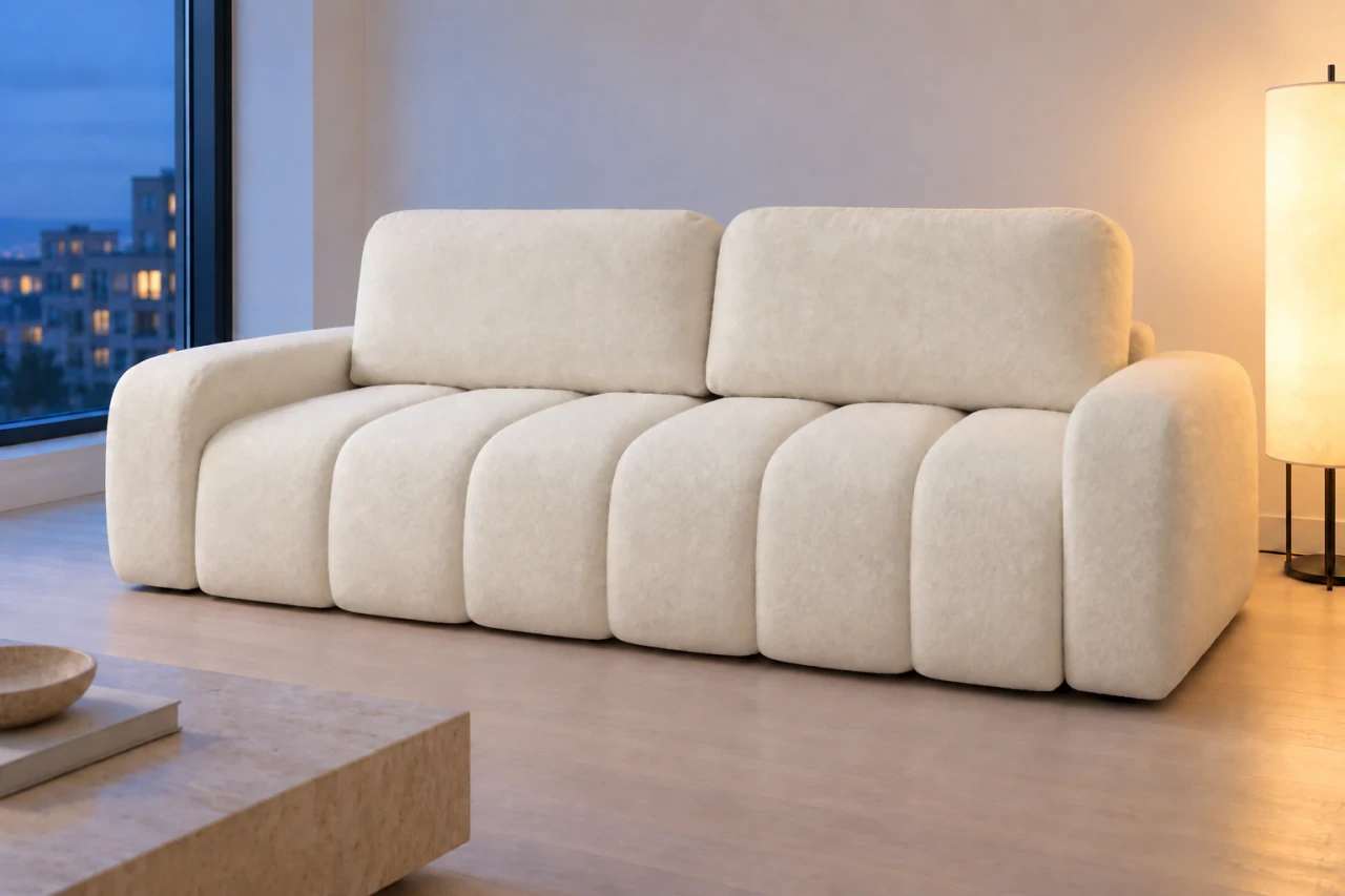 Sofa IBIZA. IBIZA przy oknie o niebieskiej godzinie i ciepłym świetle lampy. Wizualizacja; kod tkaniny niepotwierdzony.