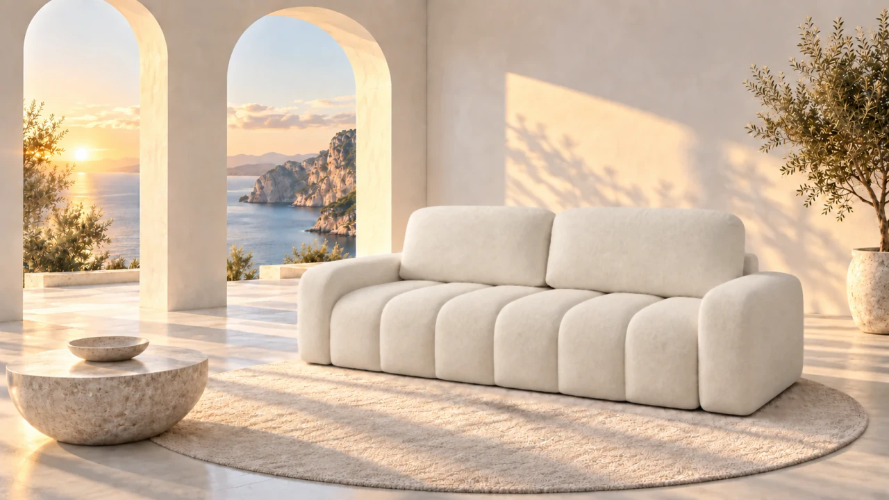 Sofa IBIZA. IBIZA w ciepłym świetle zachodzącego słońca. Długie cienie wydobywają podziały siedziska i strukturę bouclé. Wizualizacja; kod tkaniny niepotwierdzony.