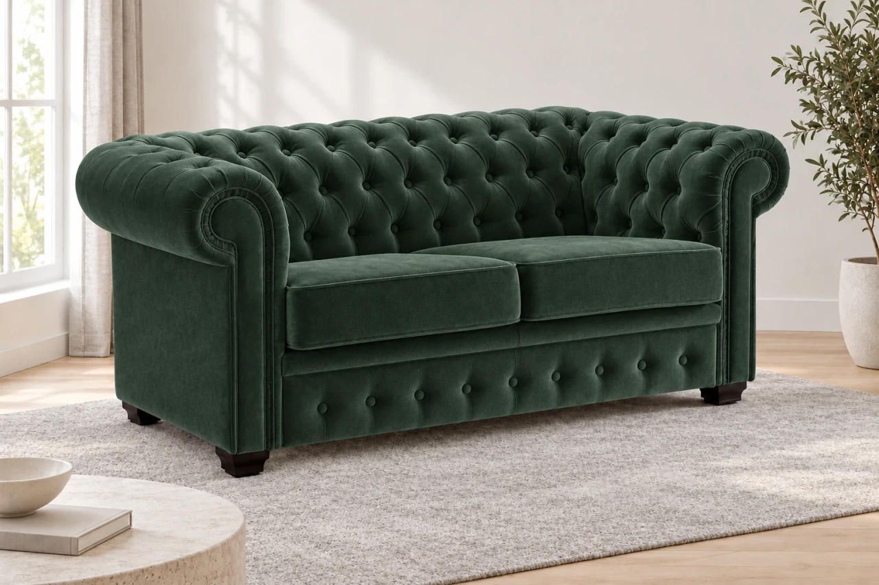 Sofa CHESTERFIELD 2-osobowa w zielonym welurze w jasnym salonie