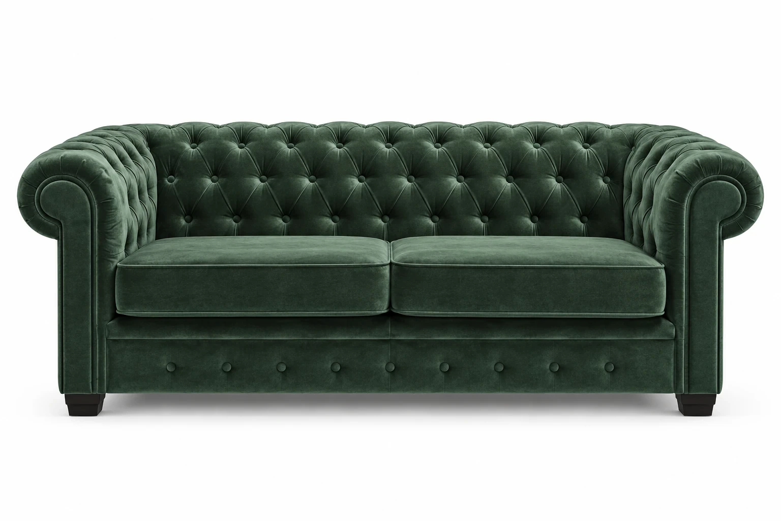 Sofa CHESTERFIELD 2-osobowa w zielonym welurze, widok z przodu