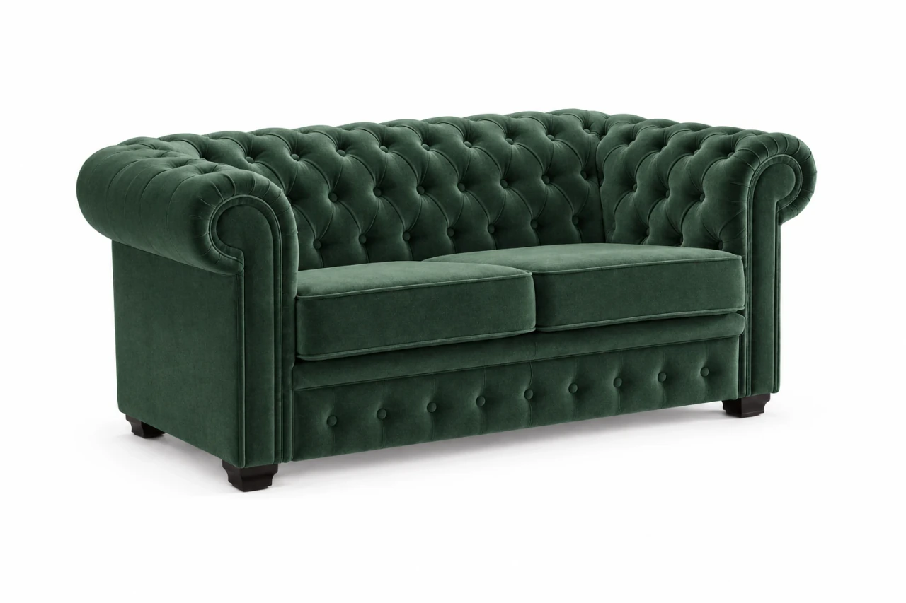 Sofa CHESTERFIELD 2-osobowa w zielonym welurze, widok z ukosa