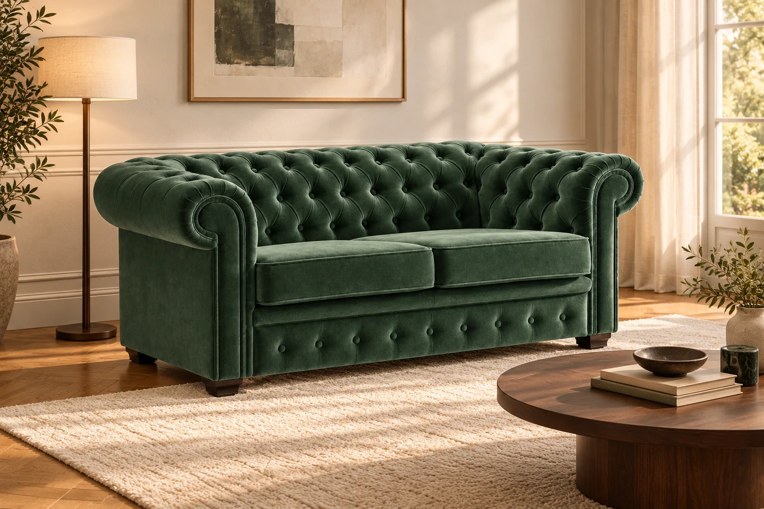 Sofa CHESTERFIELD - salon w ciepłym świetle, Salvador 07 zielony