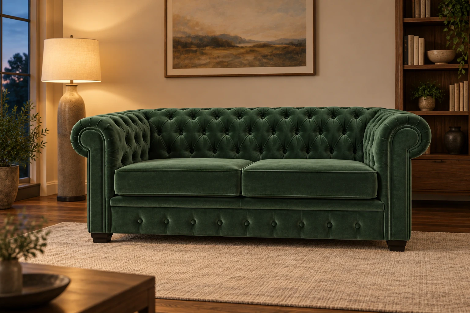 Sofa CHESTERFIELD - salon wieczorem, Salvador 07 zielony