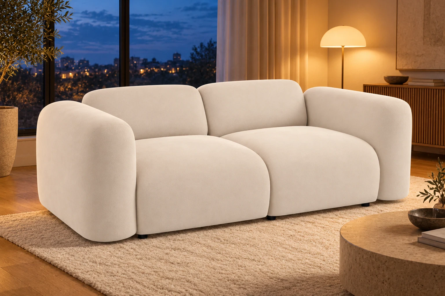 Na zdjęciu kolor SALVADOR 01 Kremowy, inny niż wybrany. Sofa PUENTO 2-osobowa 200 cm - salon wieczorem, Salvador 01 kremowy