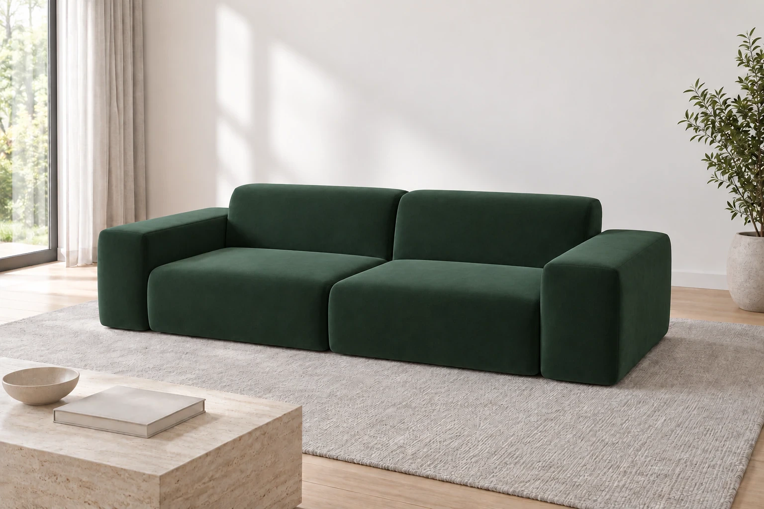 Sofa PYLLOW 3-osobowa 266 cm - salon w jasnym świetle dnia, Salvador 07 zielony