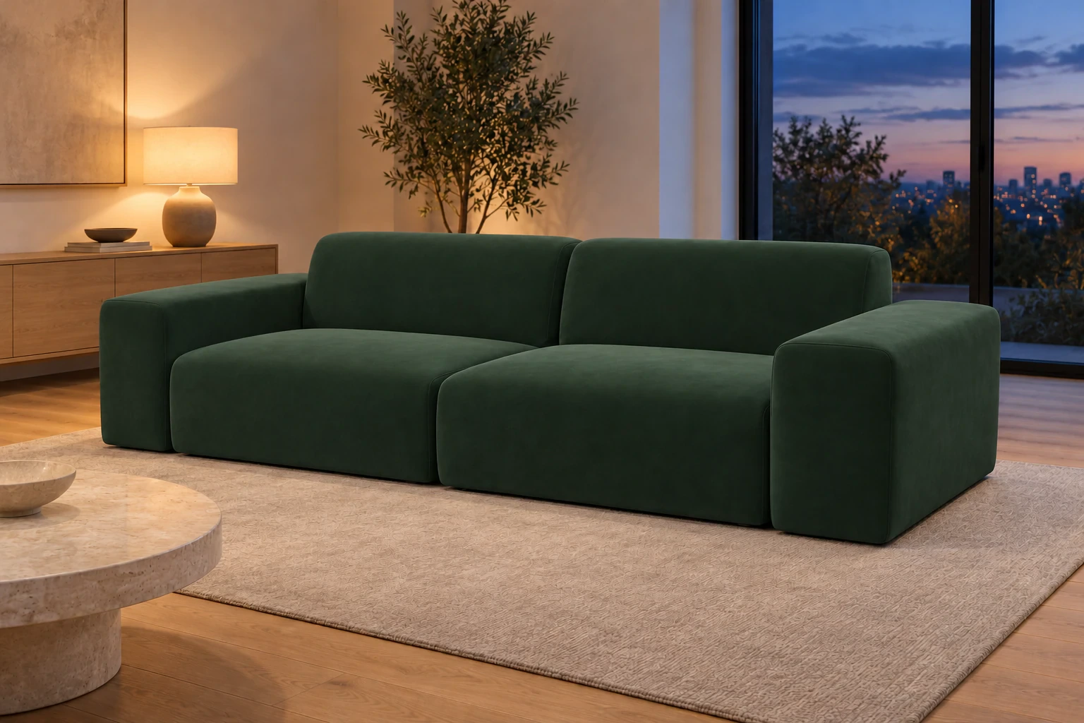 Sofa PYLLOW 3-osobowa 266 cm - salon wieczorem, Salvador 07 zielony